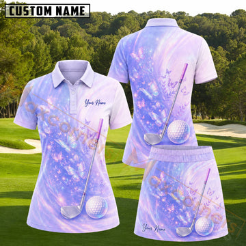 Maxcorners Purple Butterfly Golf Club Personalized Name 3D Golf Shirt and Golf Skirt