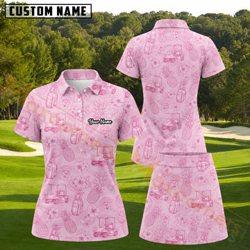 Maxcorners Pink Tropical Pineapple Floral Golf Cart Personalized Name 3D Golf Shirt and Golf Skirt