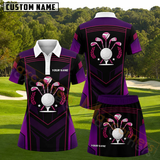 Maxcorners Purple Pink Golf Clubs Emblem Personalized Name 3D Golf Shirt and Golf Skirt