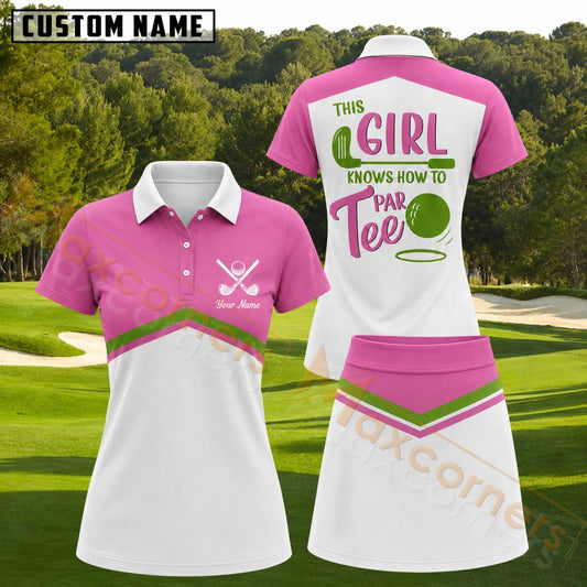 Maxcorners Pink Green Golf Girl Par Tee Personalized Name 3D Golf Shirt and Golf Skirt