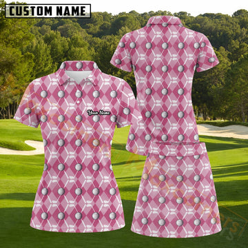 Maxcorners Pink Argyle Golf Ball and Club Pattern Personalized Name 3D Golf Shirt and Golf Skirt