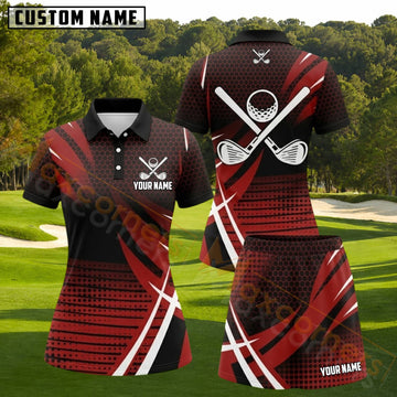 Maxcorners Red Black Crossed Golf Clubs Personalized Name 3D Golf Shirt and Golf Skirt