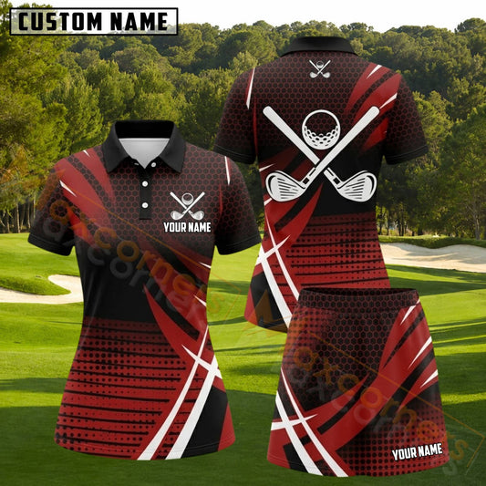 Maxcorners Red Black Crossed Golf Clubs Personalized Name 3D Golf Shirt and Golf Skirt