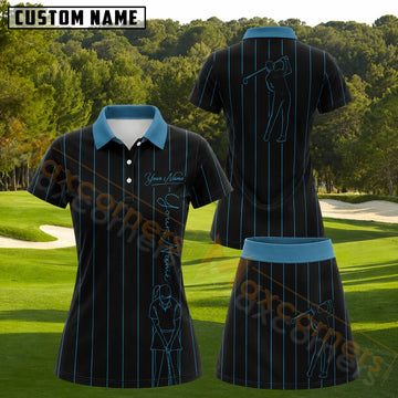 Maxcorners Black Blue Pinstripe Female Golfer Silhouette Personalized Name 3D Golf Shirt and Golf Skirt