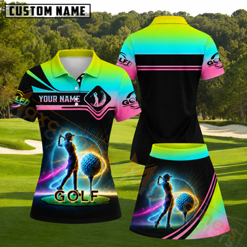 Maxcorners Neon Glowing Lady Golfer And Golf Ball Gradient Cyan Pink Yellow Personalized Name 3D Golf Shirt and Golf Skirt