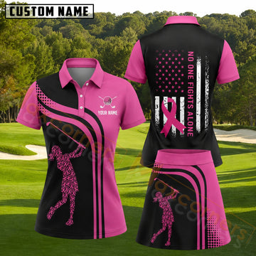 Maxcorners Black Pink Breast Cancer Awareness Golfer Ribbon Personalized Name 3D Golf Shirt and Golf Skirt
