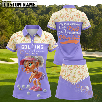 Maxcorners Real Grandmas Play Golf Cute Old Lady Graphic Pastel Purple Floral Personalized Name 3D Golf Shirt and Golf Skirt
