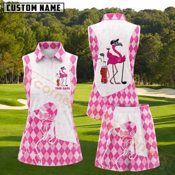 Maxcorners Pink Argyle Flamingo Golf Personalized Name 3D Golf Shirt and Golf Skirt