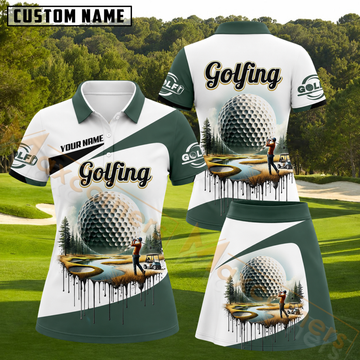 Maxcorners Giant Golf Ball Nature Landscape Color Block Hunter Green Personalized Name 3D Golf Shirt and Golf Skirt