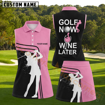 Maxcorners Pink Black Golf Now Wine Later Female Golfer Personalized Name 3D Golf Shirt and Golf Skirt