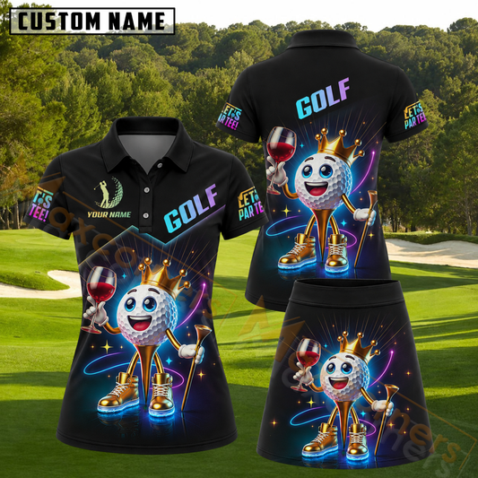 Maxcorners King Golf Ball Drinking Wine Let's Par-Tee Neon Glow Black Personalized Name 3D Golf Shirt and Golf Skirt