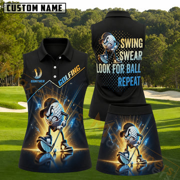 Maxcorners Black Gold Blue Angry Golf Ball Personalized Name 3D Golf Shirt and Golf Skirt