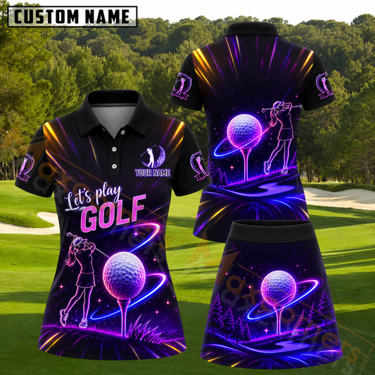 Maxcorners Neon Glowing Cosmic Golf Ball Lady Golfer Silhouette Purple Pink Black Personalized Name 3D Golf Shirt and Golf Skirt