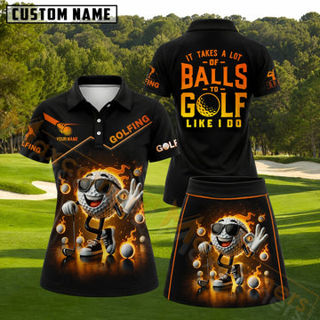 Maxcorners Cool Flaming Golf Ball with Sunglasses Personalized Name 3D Golf Shirt and Golf Skirt