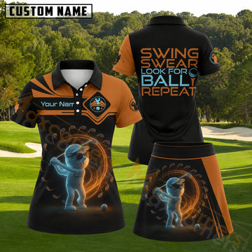 Maxcorners Swing Swear Repeat 3D Golf Ball Character Black Orange Personalized Name 3D Golf Shirt and Golf Skirt