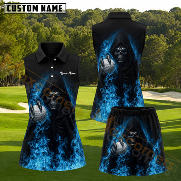 Maxcorners Black Blue Flaming Grim Reaper Golf Ball Personalized Name 3D Golf Shirt and Golf Skirt
