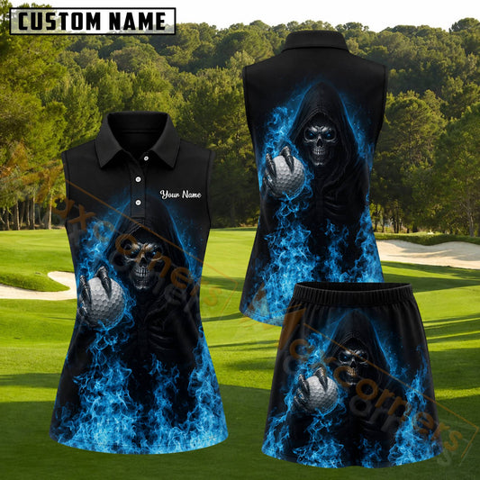 Maxcorners Black Blue Flaming Grim Reaper Golf Ball Personalized Name 3D Golf Shirt and Golf Skirt