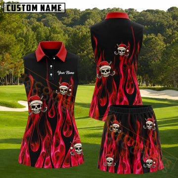 Maxcorners Black Red Flame Christmas Skull Golf Personalized Name 3D Golf Shirt and Golf Skirt