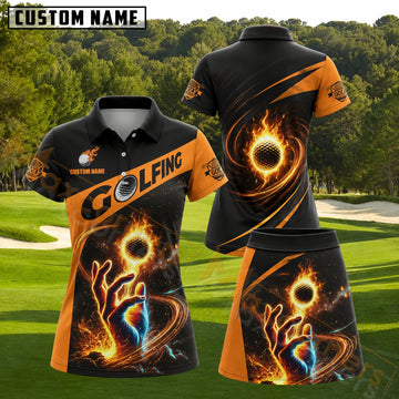 Maxcorners Fiery Galaxy Hand Holding Flaming Golf Ball Black Orange Personalized Name 3D Golf Shirt and Golf Skirt
