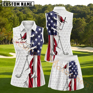 Maxcorners Ripped USA Flag Golf Personalized Name 3D Golf Shirt and Golf Skirt