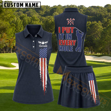 Maxcorners Navy Blue Distressed US Flag Golf Personalized Name 3D Golf Shirt and Golf Skirt