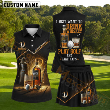 Maxcorners Black Whiskey Bottle And Golf Personalized Name 3D Golf Shirt and Golf Skirt