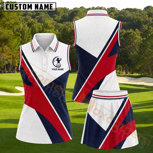 Maxcorners Red White Blue Diagonal Stripes Golf Personalized Name 3D Golf Shirt and Golf Skirt