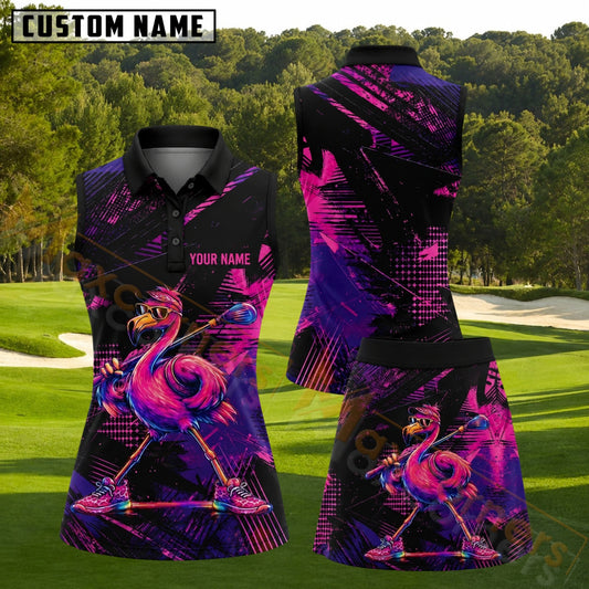 Maxcorners Neon Pink Cool Flamingo Golf Personalized Name 3D Golf Shirt and Golf Skirt