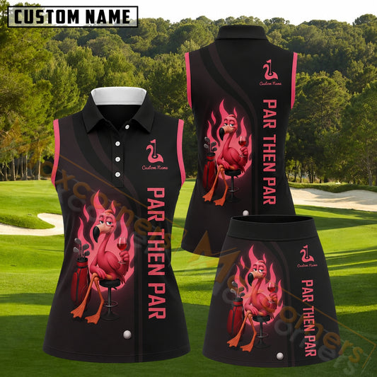 Maxcorners Black Pink Flamingo Par Then Par Personalized Name 3D Golf Shirt and Golf Skirt