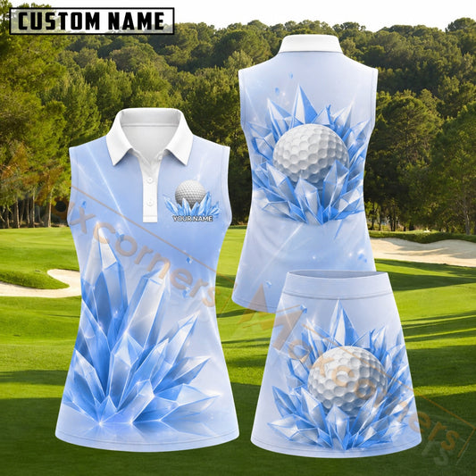 Maxcorners Icy Blue Crystal Golf Ball Personalized Name 3D Golf Shirt and Golf Skirt