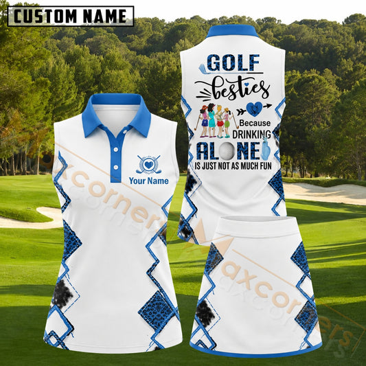 Maxcorners White Blue Leopard Patchwork Golf Personalized Name 3D Golf Shirt and Golf Skirt