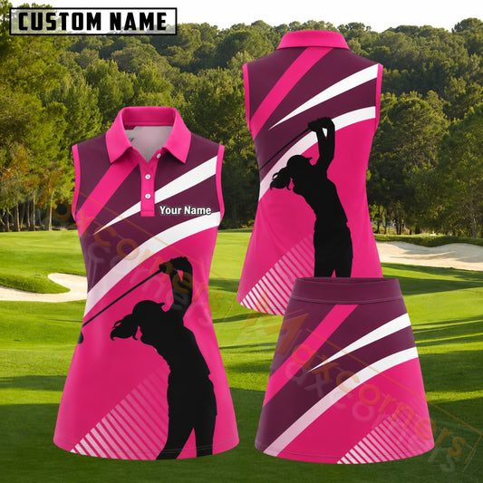 Maxcorners Hot Pink Burgundy White Female Golfer Silhouette Personalized Name 3D Golf Shirt and Golf Skirt