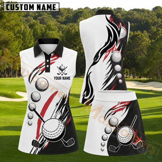 Maxcorners Black White Red Golf Ball and Club Swirl Personalized Name 3D Golf Shirt and Golf Skirt