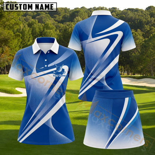 Maxcorners Blue White Abstract Geometric Golf Personalized Name 3D Golf Shirt and Golf Skirt