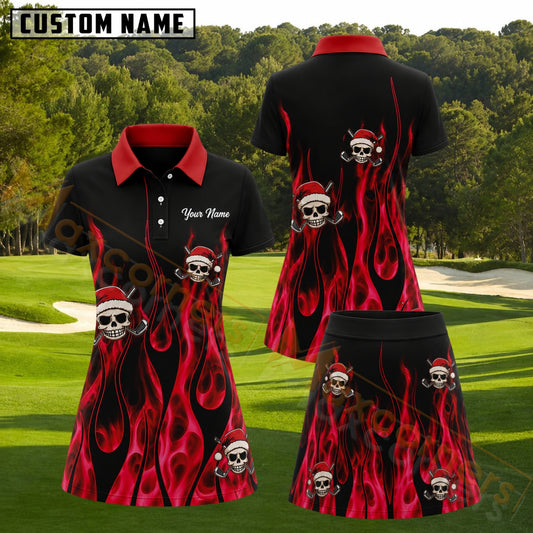Maxcorners Black Red Flame Christmas Skull Golf Personalized Name 3D Golf Shirt and Golf Skirt