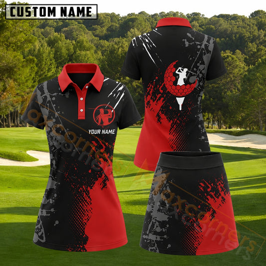 Maxcorners Black Red Grunge Golfer Golf Ball Personalized Name 3D Golf Shirt and Golf Skirt