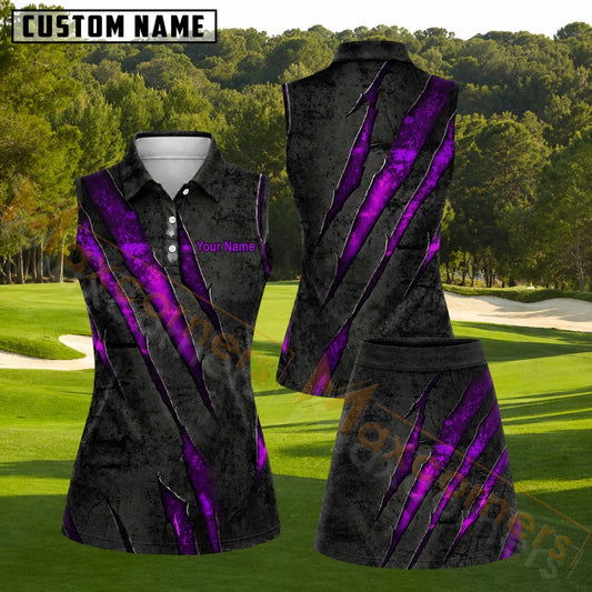 Maxcorners Dark Grey Purple Claw Marks Golf Personalized Name 3D Golf Shirt and Golf Skirt