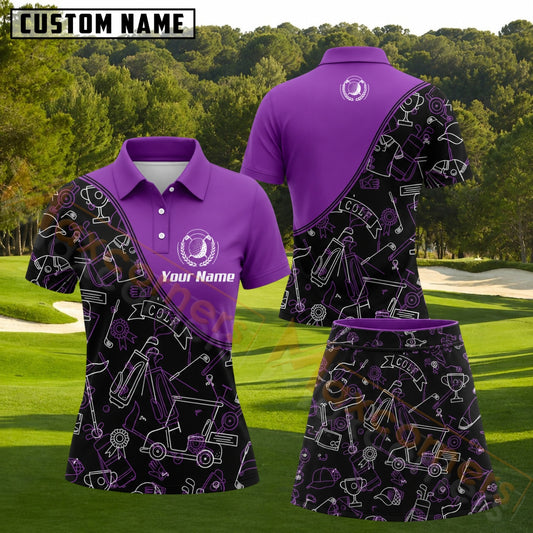 Maxcorners Purple Black Golf Doodle Pattern Personalized Name 3D Golf Shirt and Golf Skirt