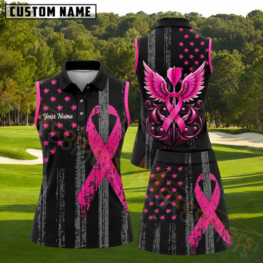 Maxcorners Black Pink Ribbon Angel Wings Golf Personalized Name 3D Golf Shirt and Golf Skirt