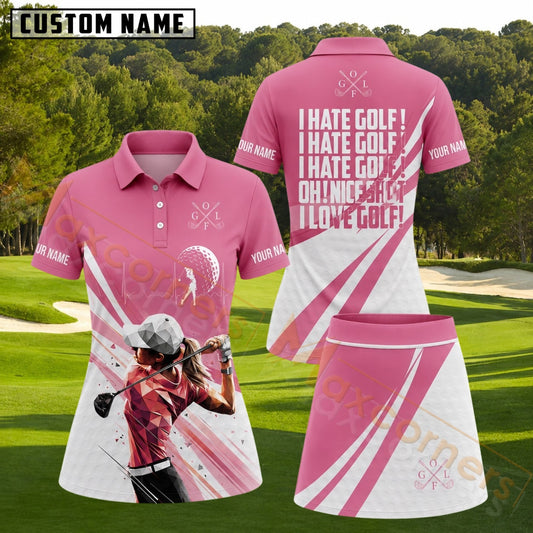 Maxcorners Pink White I Hate Golf I Love Golf Funny Quote Personalized Name 3D Golf Shirt and Skirt
