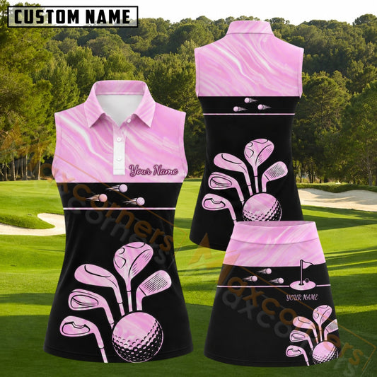 Maxcorners Pink Marble Golf Clubs Personalized Name 3D Golf Shirt and Golf Skirt