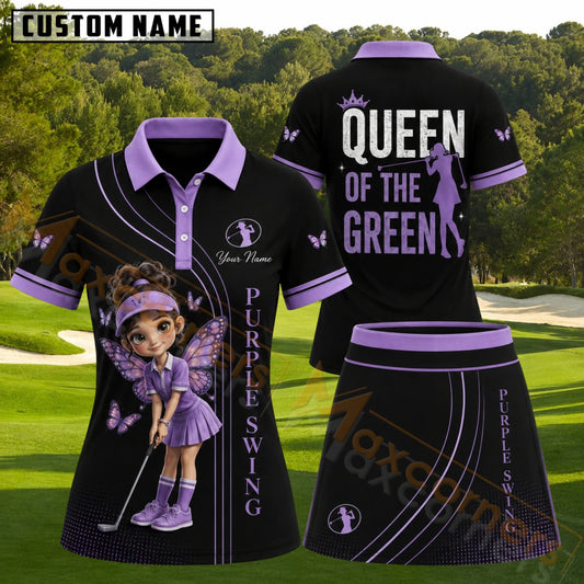 Maxcorners Black Purple Butterfly Girl Golfer Pattern Golf Personalized Name 3D Golf Shirt and Golf Skirt