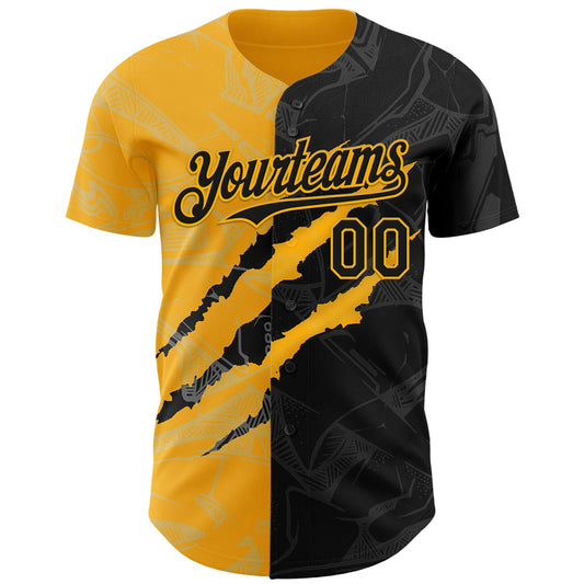 Maxcorners Custom Graffiti Pattern Black-Gold 3D Scratch Premium Baseball Jersey LM0210