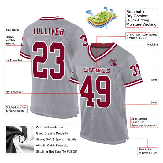 Maxcorners Custom Gray Maroon-White Mesh Authentic Throwback Football Jersey LM2605