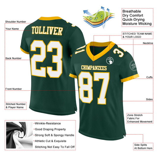 Maxcorners Custom Green White-Gold Mesh Authentic Football Jersey LM2605