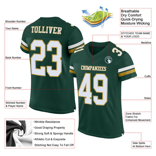 Maxcorners Custom Green White-Old Gold Mesh Authentic Football Jersey LM2605