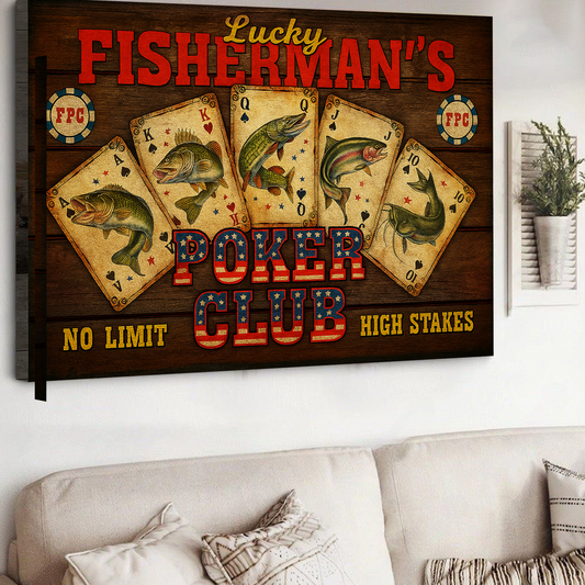 Maxcorners Lucky Fisherman’s Poker Club Wall Art – Vintage Fishing Playing Cards Canvas for Man Cave
