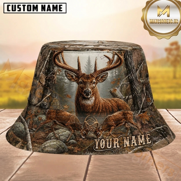 Maxcorners Deer Hunting Forest Camo Personalized Name 3D Bucket Hat