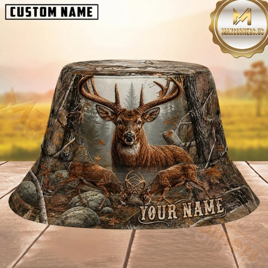 Maxcorners Deer Hunting Forest Camo Personalized Name 3D Bucket Hat