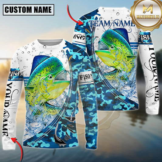 Maxcorners Fishing Blue Camouflage Water Splash Sun Protection Personalized Name, Team Name Long Sleeve Shirt